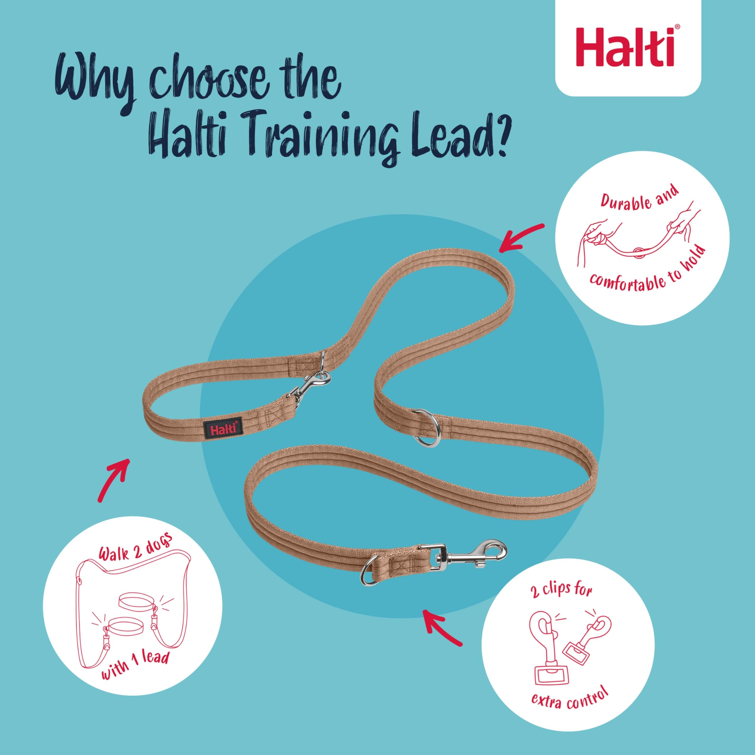 Halti Training Leash - Double-Ended Dog Leash for Anti-Pulling, Desert Sand, Small (2m)