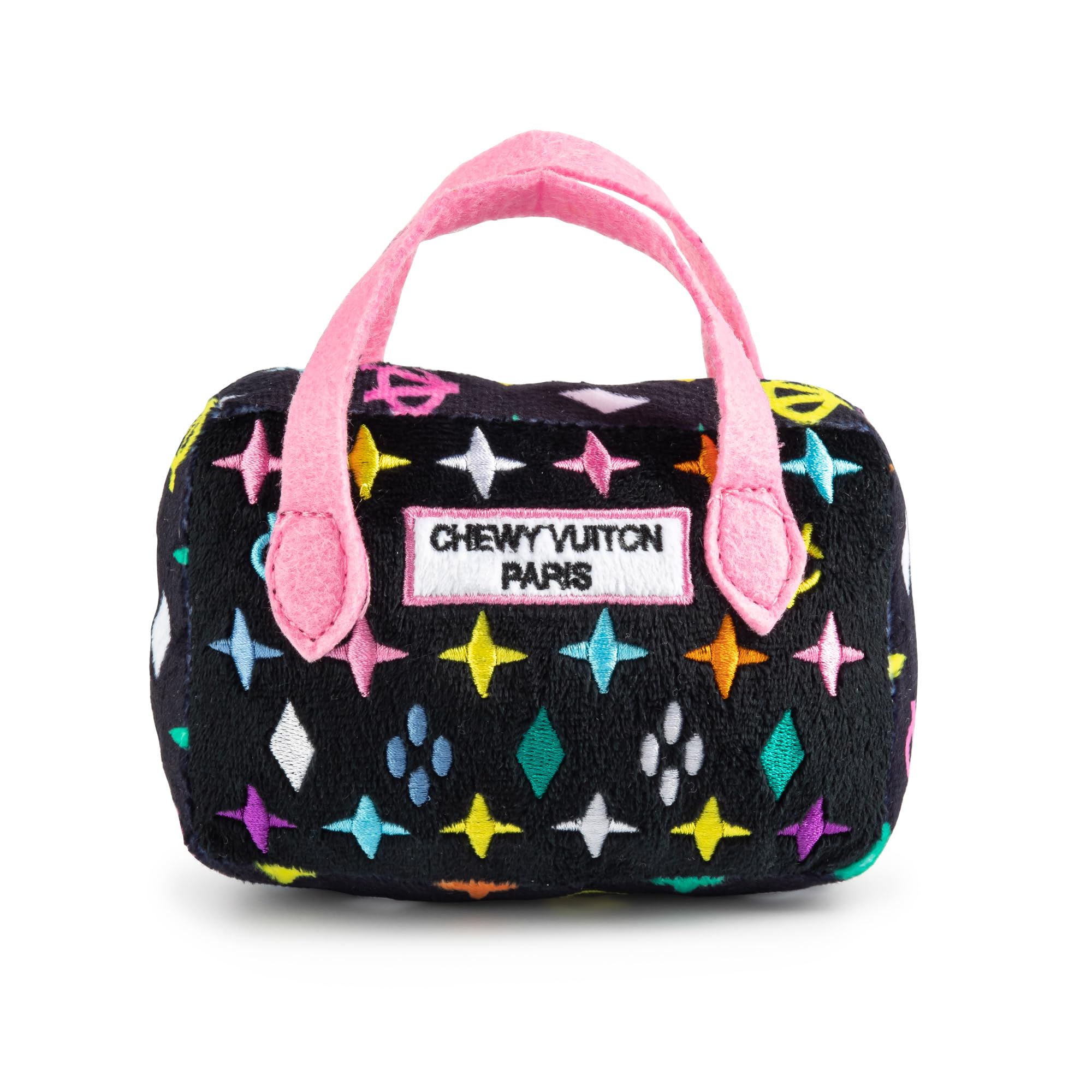 Haute Diggity Dog Chewy Vuiton Handbag Plush Squeaky Dog Toy – Small, Black Monogram, Machine-Washable