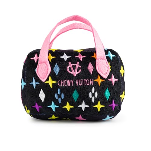 Haute Diggity Dog Chewy Vuiton Handbag Plush Squeaky Dog Toy – Small, Black Monogram, Machine-Washable