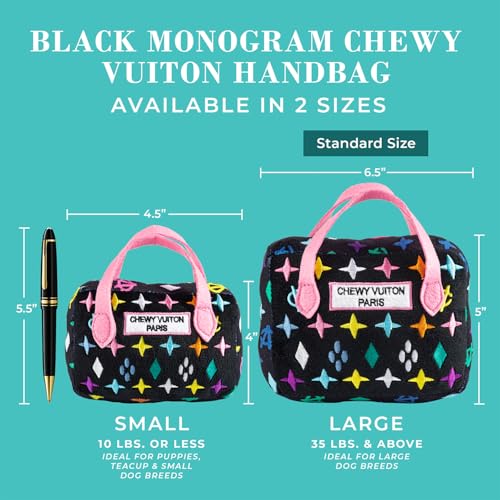 Haute Diggity Dog Chewy Vuiton Handbag Plush Squeaky Dog Toy – Small, Black Monogram, Machine-Washable