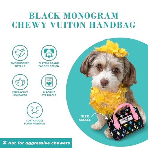 Haute Diggity Dog Chewy Vuiton Handbag Plush Squeaky Dog Toy – Small, Black Monogram, Machine-Washable