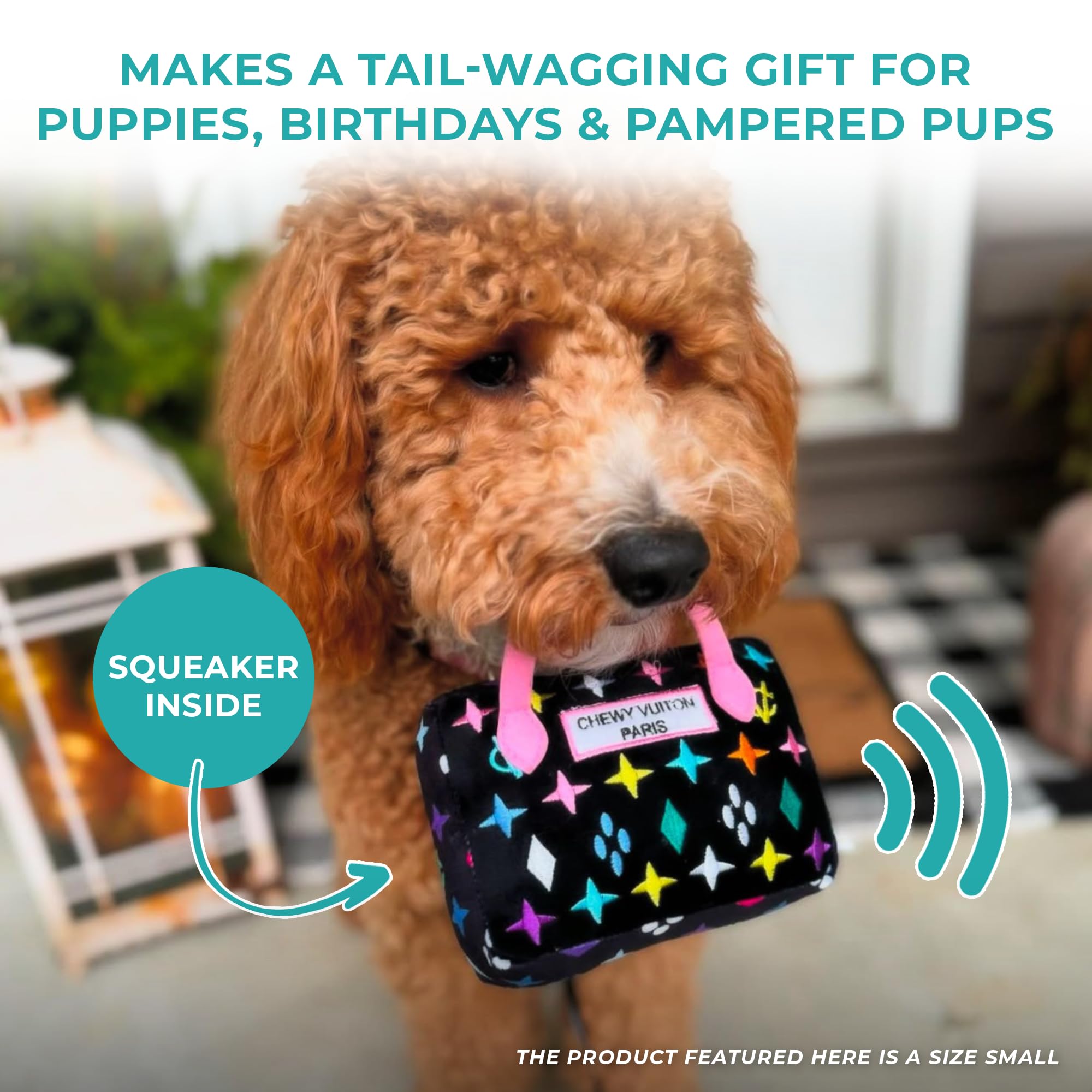 Haute Diggity Dog Chewy Vuiton Handbag Plush Squeaky Dog Toy – Small, Black Monogram, Machine-Washable