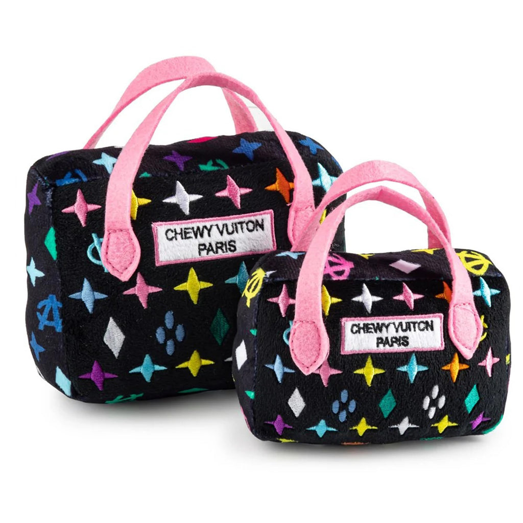 Haute Diggity Dog Chewy Vuiton Handbag Plush Squeaky Dog Toy – Small, Black Monogram, Machine-Washable