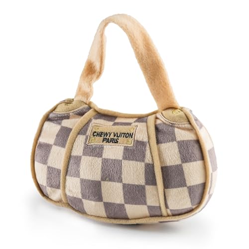 Haute Diggity Dog Chewy Vuiton Handbag Plush Squeaky Dog Toy, Tan Checker, Large - Designer Parody Toy for Small & Medium Dogs
