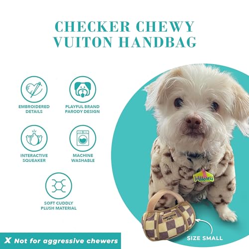 Haute Diggity Dog Chewy Vuiton Handbag Plush Squeaky Dog Toy, Tan Checker, Large - Designer Parody Toy for Small & Medium Dogs