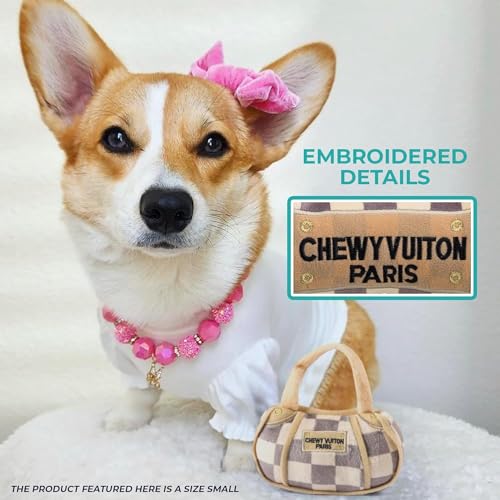 Haute Diggity Dog Chewy Vuiton Handbag Plush Squeaky Dog Toy, Tan Checker, Large - Designer Parody Toy for Small & Medium Dogs