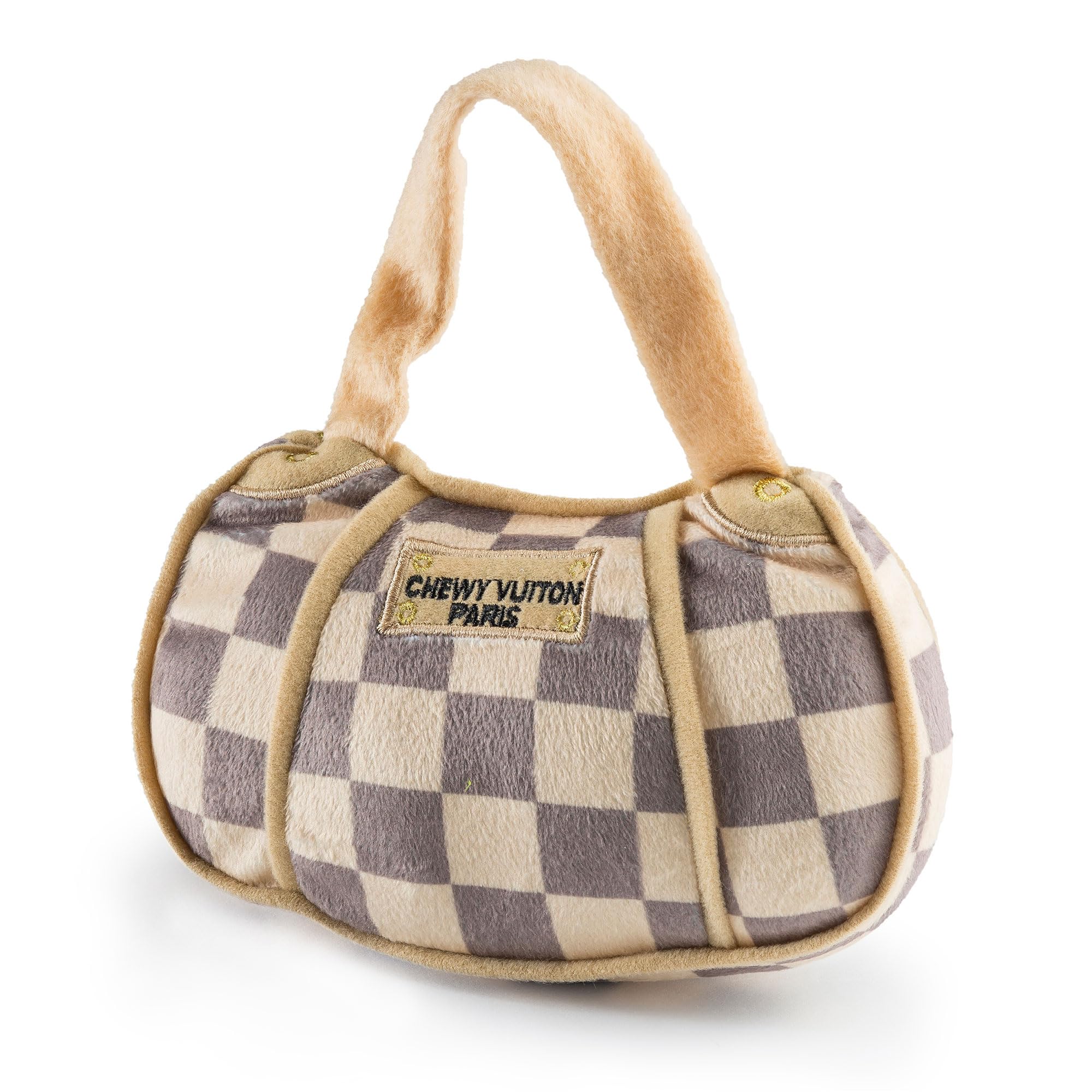 Haute Diggity Dog Chewy Vuiton Handbag Plush Squeaky Dog Toy, Tan Checker, Large - Designer Parody Toy for Small & Medium Dogs