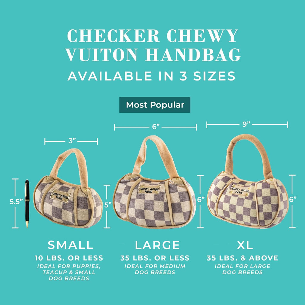 Haute Diggity Dog Chewy Vuiton Handbag Plush Squeaky Dog Toy, Tan Checker, Large - Designer Parody Toy for Small & Medium Dogs