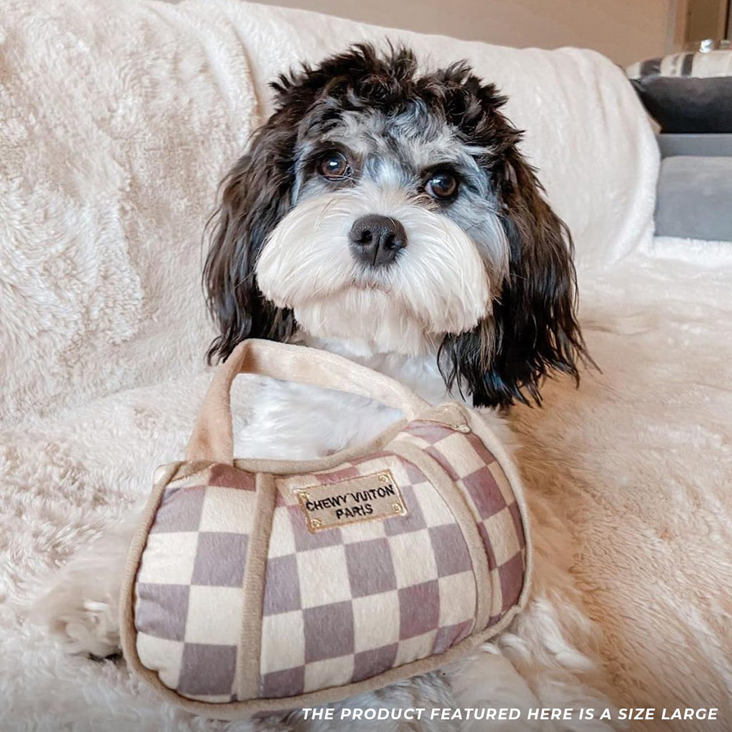 Haute Diggity Dog Chewy Vuiton Handbag Plush Squeaky Dog Toy, Tan Checker, Large - Designer Parody Toy for Small & Medium Dogs