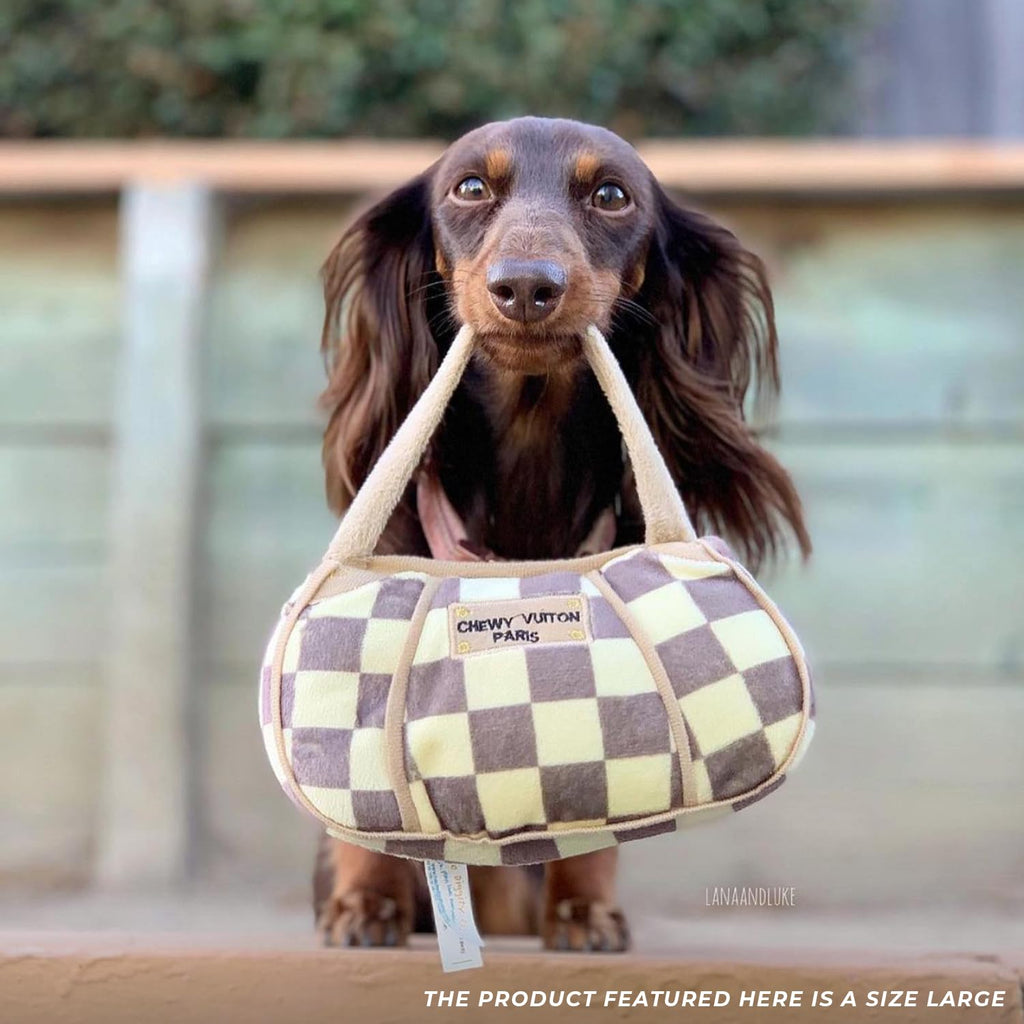 Haute Diggity Dog Chewy Vuiton Handbag Plush Squeaky Dog Toy, Tan Checker, Large - Designer Parody Toy for Small & Medium Dogs