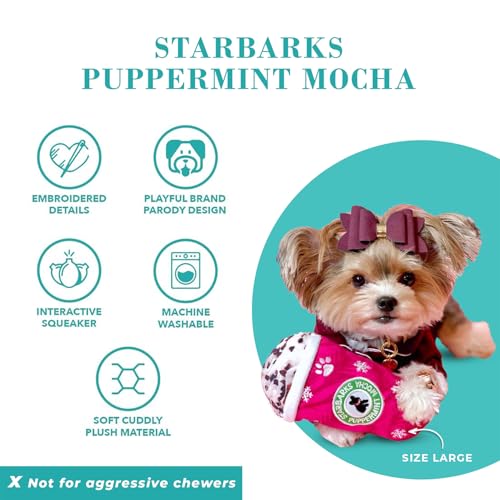 Haute Diggity Dog Starbarks Puppermint Mocha Plush Dog Toy - Large (7 inch) with Squeaker, Machine Washable Holiday Parody