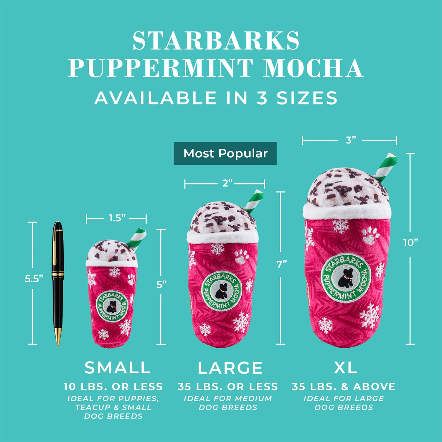 Haute Diggity Dog Starbarks Puppermint Mocha Plush Dog Toy - Large (7 inch) with Squeaker, Machine Washable Holiday Parody