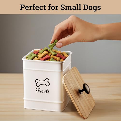 HB Design Co. Airtight Dog Treat Jar – 7 Cup Capacity with Bamboo Lid – White Metal Canister for Kitchen Counter
