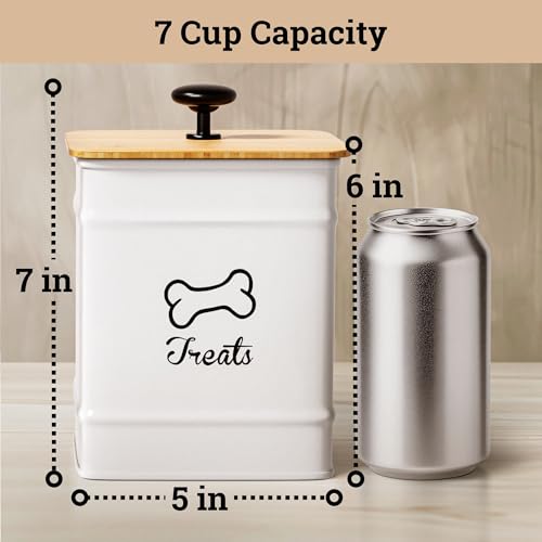 HB Design Co. Airtight Dog Treat Jar – 7 Cup Capacity with Bamboo Lid – White Metal Canister for Kitchen Counter