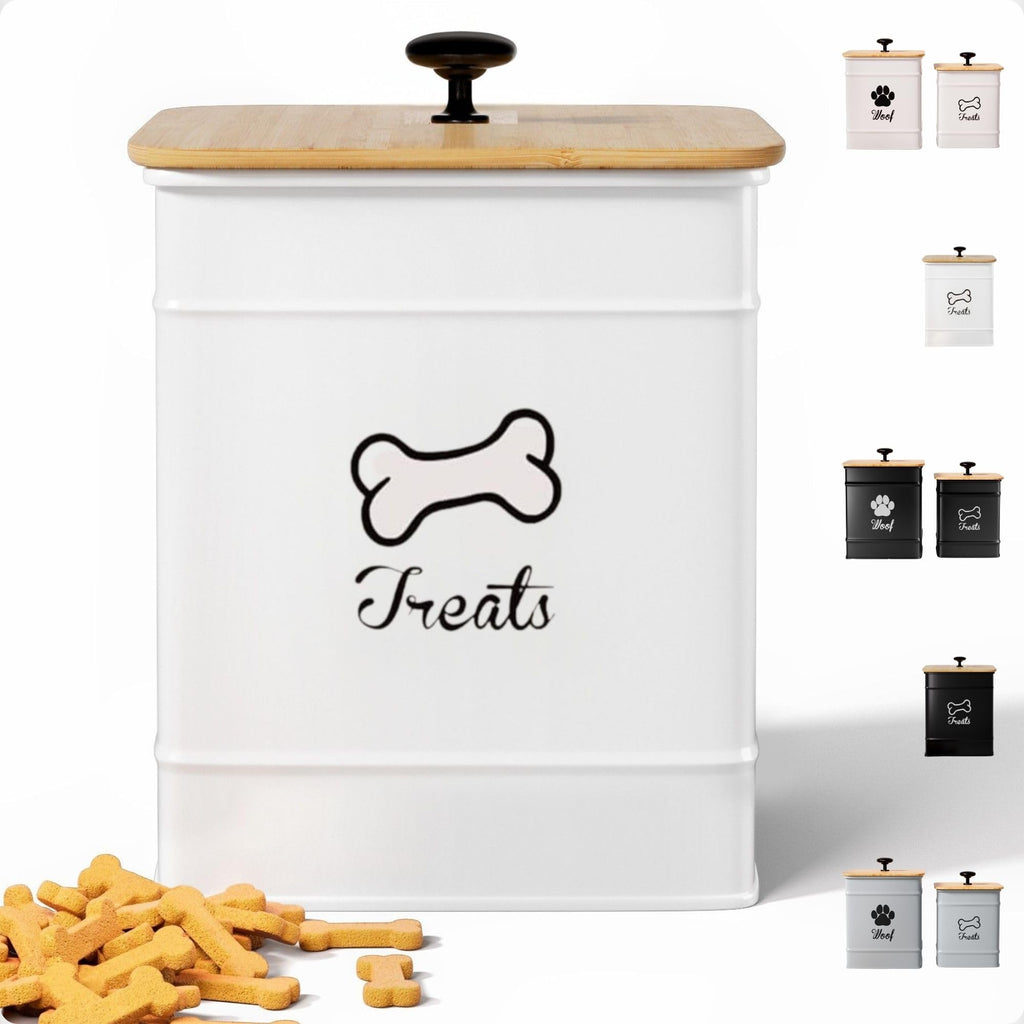 HB Design Co. Airtight Dog Treat Jar – 7 Cup Capacity with Bamboo Lid – White Metal Canister for Kitchen Counter