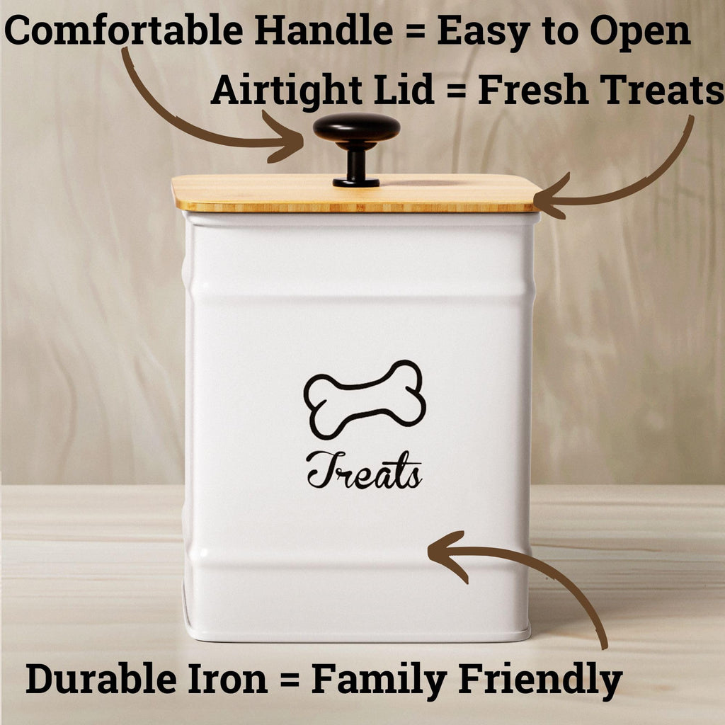 HB Design Co. Airtight Dog Treat Jar – 7 Cup Capacity with Bamboo Lid – White Metal Canister for Kitchen Counter