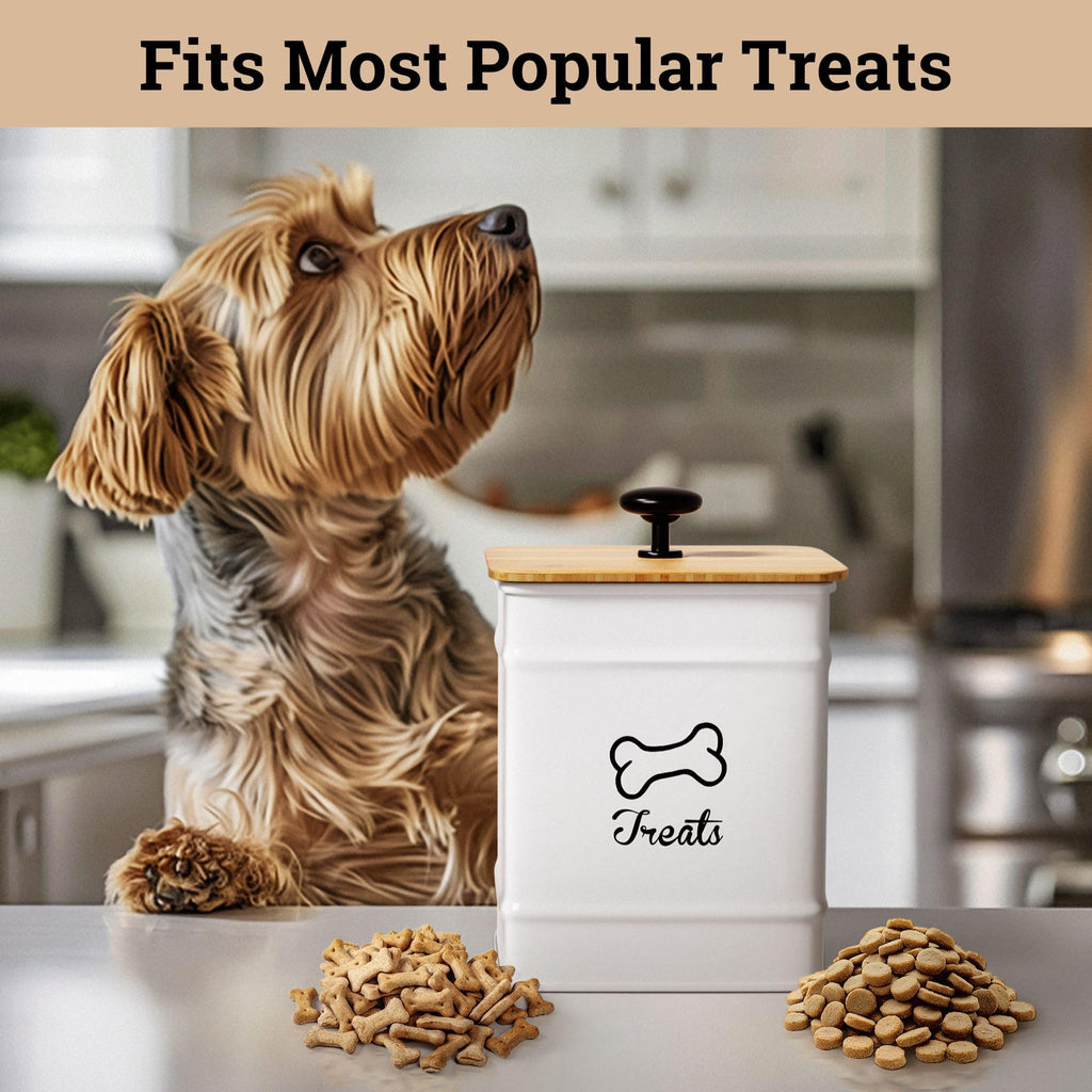 HB Design Co. Airtight Dog Treat Jar – 7 Cup Capacity with Bamboo Lid – White Metal Canister for Kitchen Counter