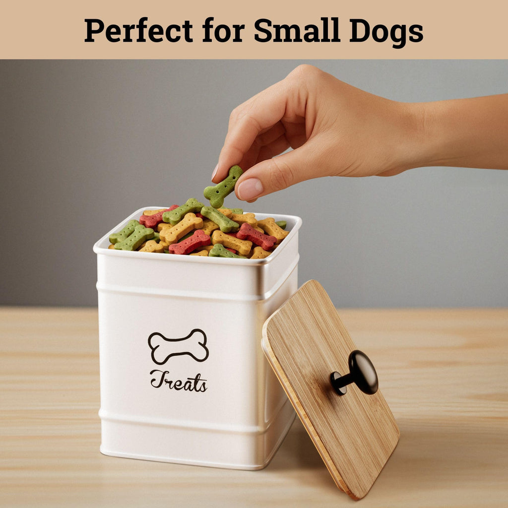 HB Design Co. Airtight Dog Treat Jar – 7 Cup Capacity with Bamboo Lid – White Metal Canister for Kitchen Counter