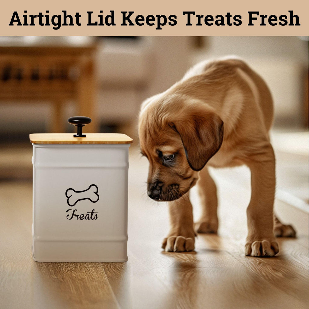 HB Design Co. Airtight Dog Treat Jar – 7 Cup Capacity with Bamboo Lid – White Metal Canister for Kitchen Counter