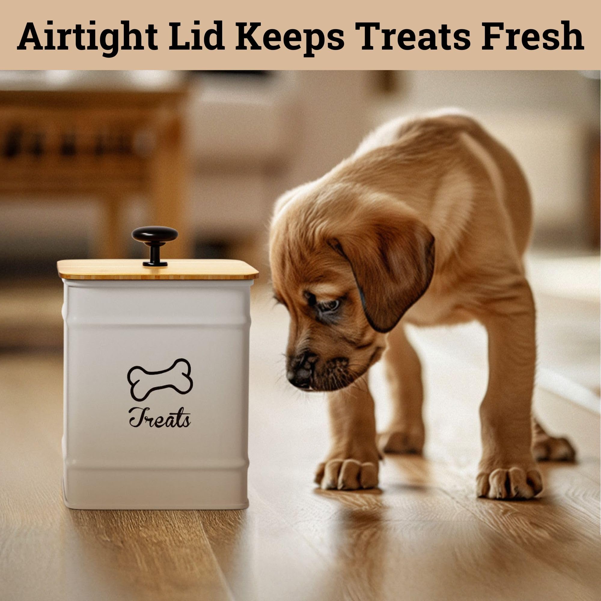 HB Design Co. Airtight Dog Treat Jar – 7 Cup Capacity with Bamboo Lid – White Metal Canister for Kitchen Counter
