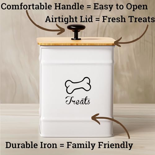 HB Design Co. Airtight Dog Treat Jar – 7 Cup Capacity with Bamboo Lid – White Metal Canister for Kitchen Counter