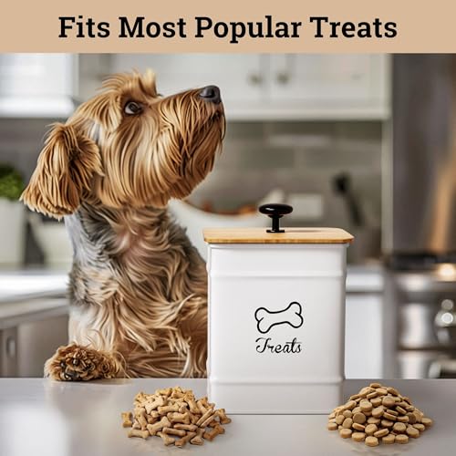 HB Design Co. Airtight Dog Treat Jar – 7 Cup Capacity with Bamboo Lid – White Metal Canister for Kitchen Counter