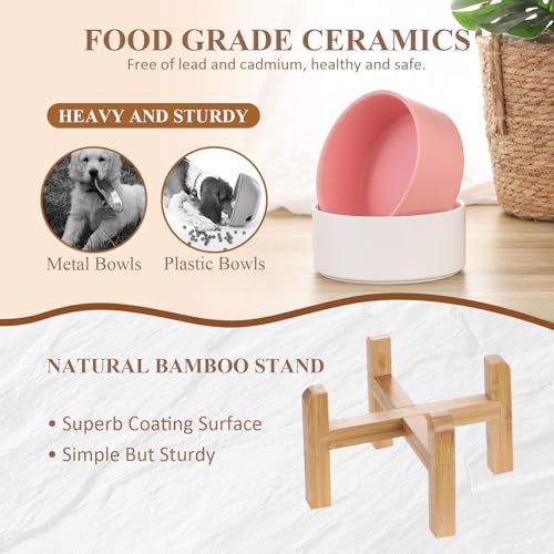 HCHLQLZ Ceramic Raised Cat Bowl with Wood Stand – No Spill, Elevated Pet Feeder for Cats and Small Dogs
