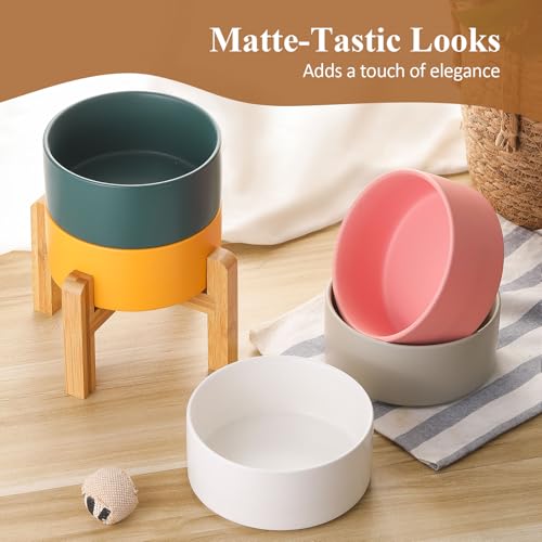 HCHLQLZ Ceramic Raised Cat Bowl with Wood Stand – No Spill, Elevated Pet Feeder for Cats and Small Dogs