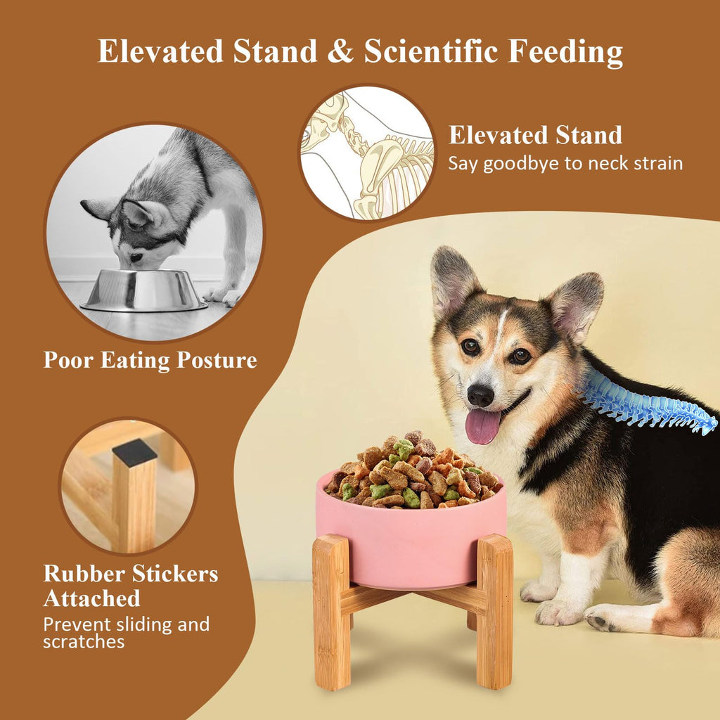 HCHLQLZ Ceramic Raised Cat Bowl with Wood Stand – No Spill, Elevated Pet Feeder for Cats and Small Dogs