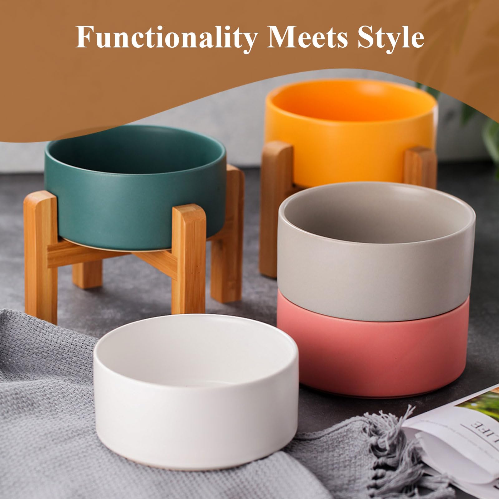 HCHLQLZ Ceramic Raised Cat Bowl with Wood Stand – No Spill, Elevated Pet Feeder for Cats and Small Dogs