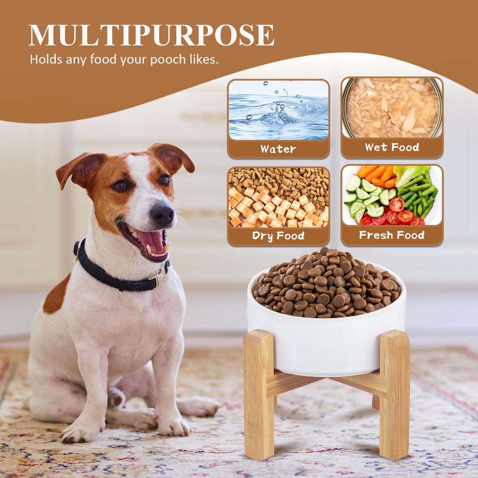 HCHLQLZ Ceramic Raised Cat Bowl with Wood Stand – No Spill, Elevated Pet Feeder for Cats and Small Dogs