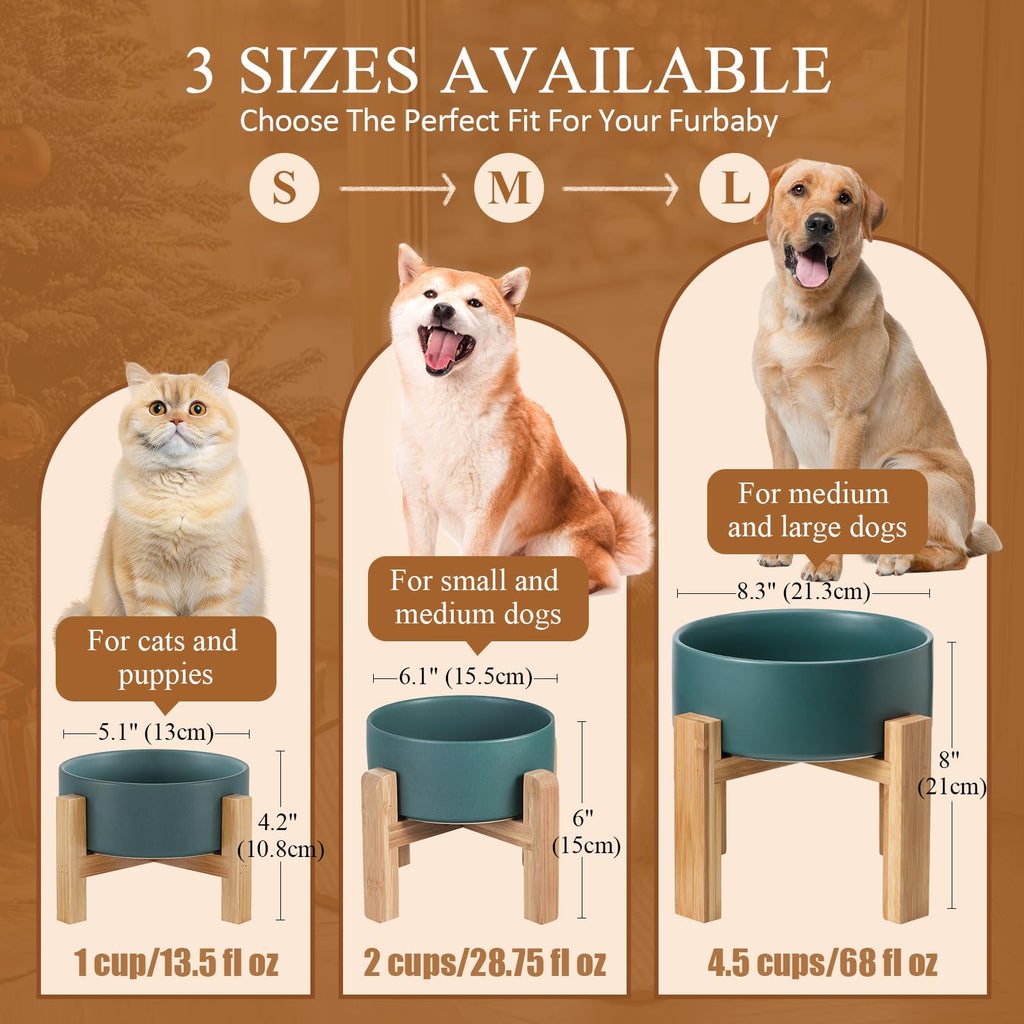 HCHLQLZ Ceramic Raised Cat Bowl with Wood Stand – No Spill, Elevated Pet Feeder for Cats and Small Dogs