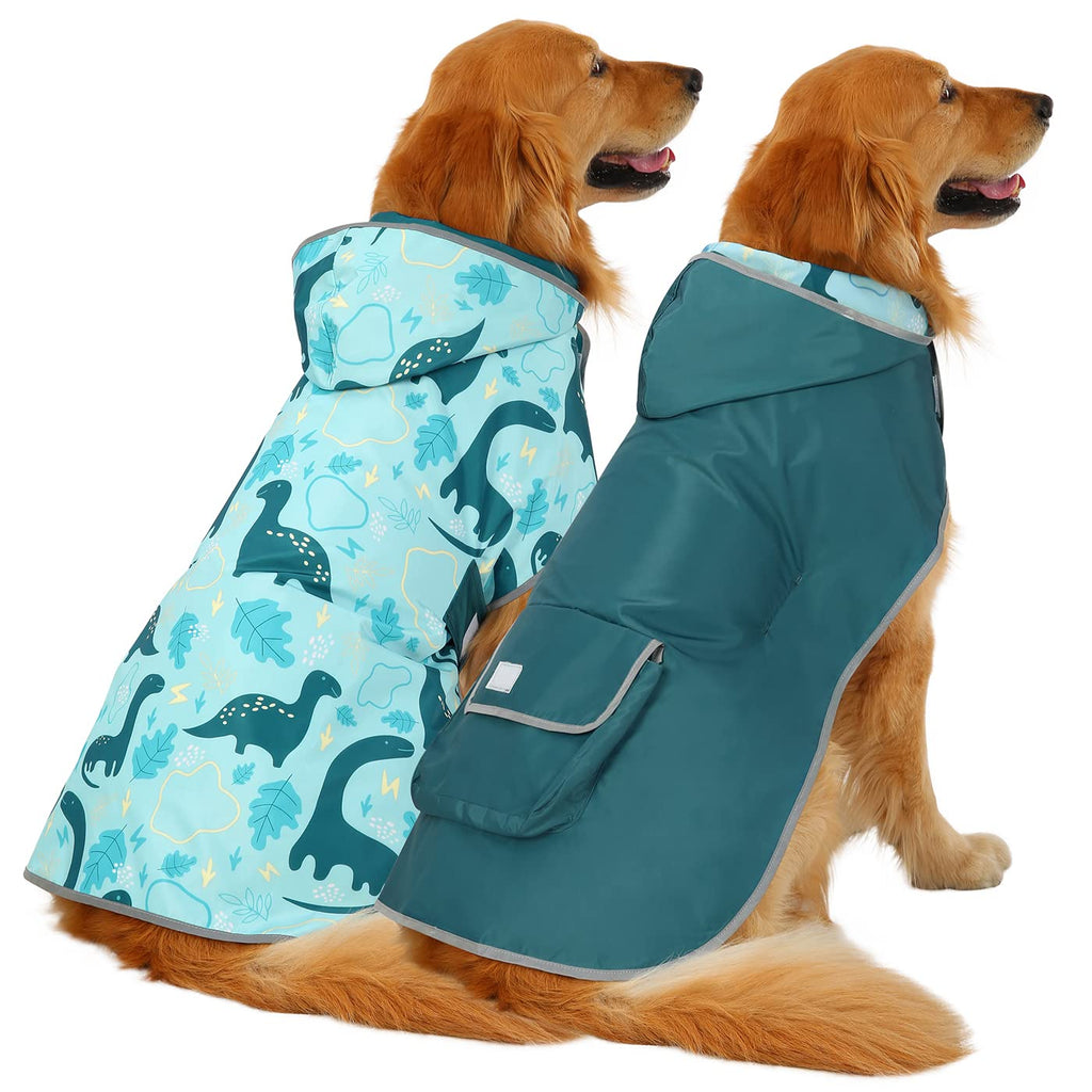 HDE Reversible Hooded Dog Raincoat - Large Dinosaur Rain Poncho for Dogs
