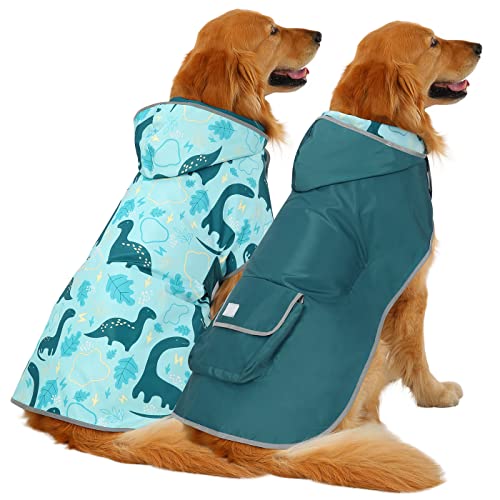 HDE Reversible Hooded Dog Raincoat - Large Dinosaur Rain Poncho for Dogs