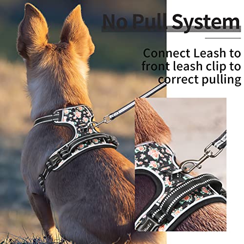 HEELE No-Pull Dog Harness Size M - Adjustable Padded Reflective Vest with Handle for Small to Large Dogs, Flower-Black