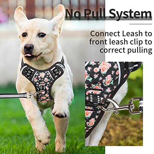 HEELE No-Pull Dog Harness Size M - Adjustable Padded Reflective Vest with Handle for Small to Large Dogs, Flower-Black