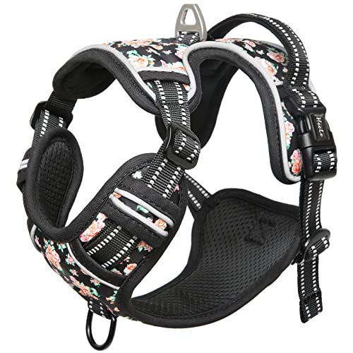 HEELE No-Pull Dog Harness Size M - Adjustable Padded Reflective Vest with Handle for Small to Large Dogs, Flower-Black