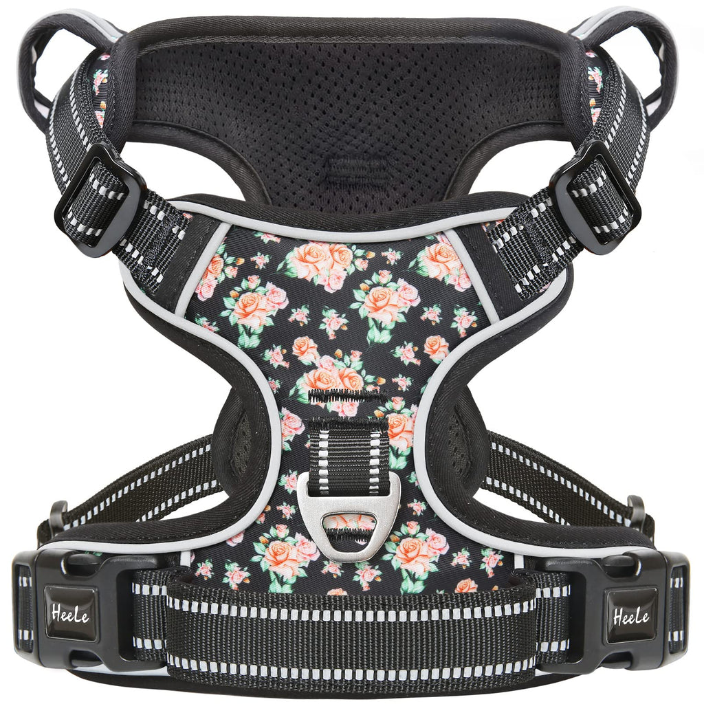 HEELE No-Pull Dog Harness Size M - Adjustable Padded Reflective Vest with Handle for Small to Large Dogs, Flower-Black