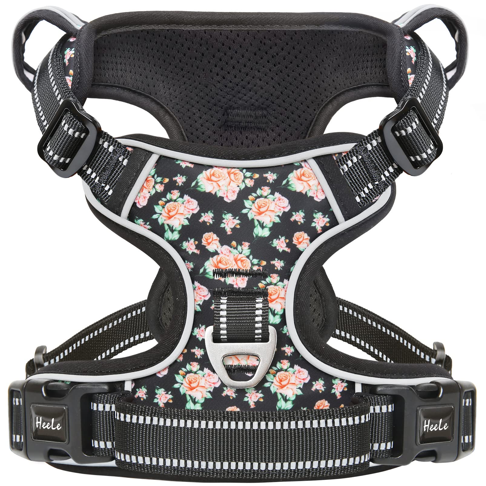 HEELE No-Pull Dog Harness Size M - Adjustable Padded Reflective Vest with Handle for Small to Large Dogs, Flower-Black