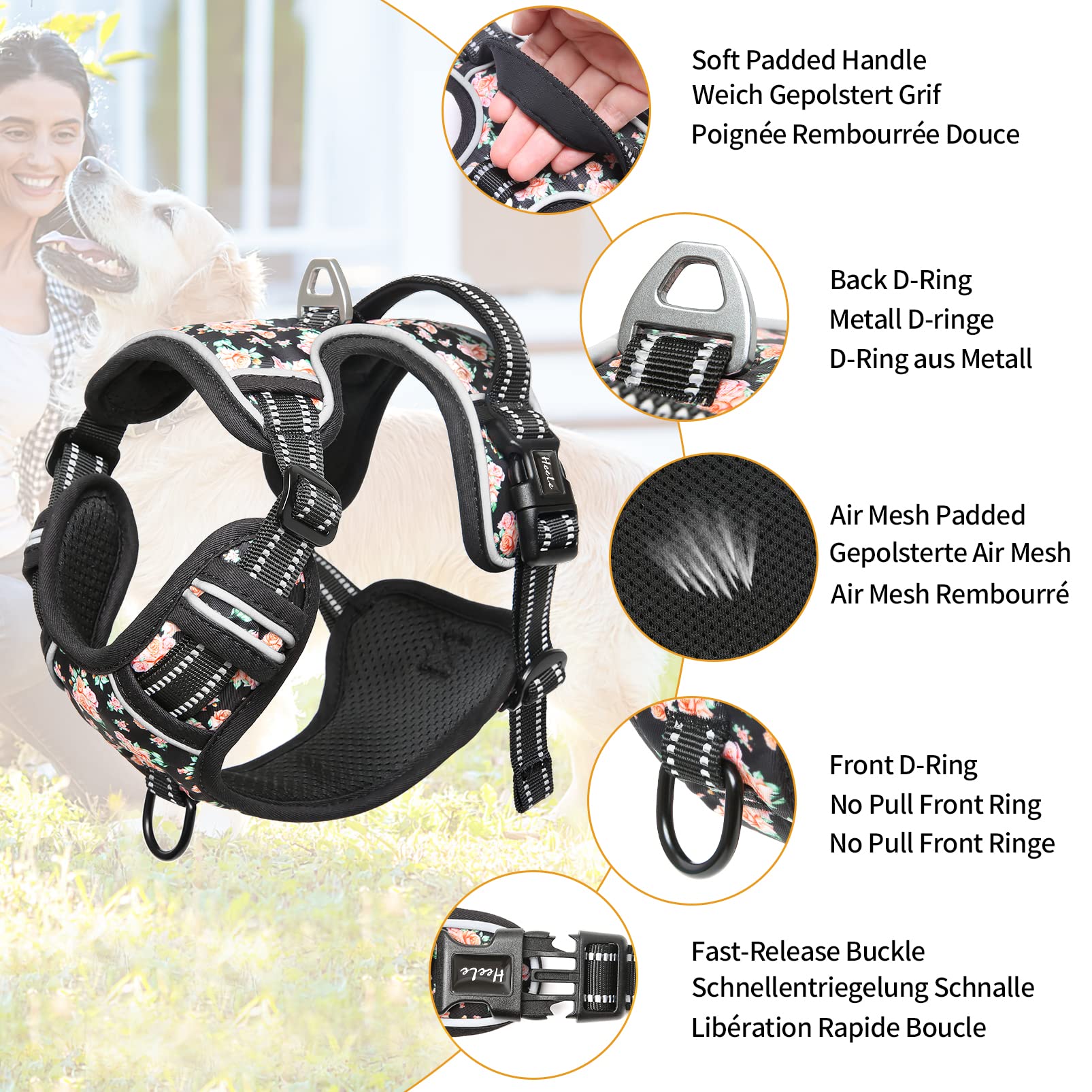 HEELE No-Pull Dog Harness Size M - Adjustable Padded Reflective Vest with Handle for Small to Large Dogs, Flower-Black