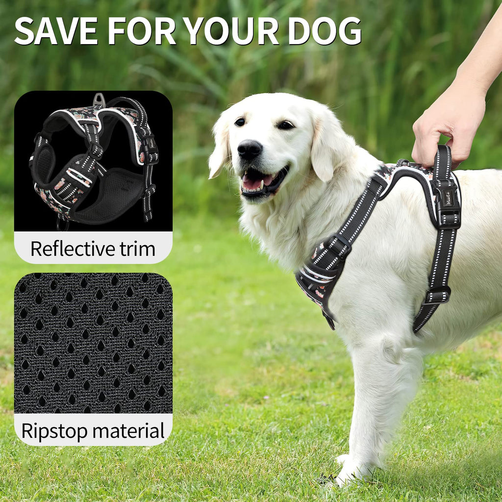 HEELE No-Pull Dog Harness Size M - Adjustable Padded Reflective Vest with Handle for Small to Large Dogs, Flower-Black