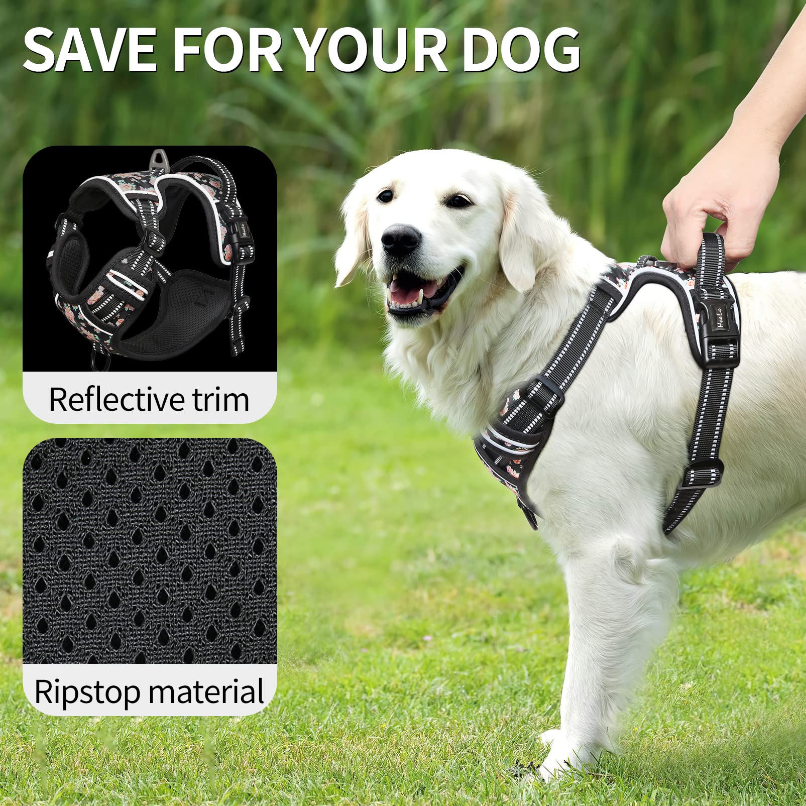 HEELE No-Pull Dog Harness Size M - Adjustable Padded Reflective Vest with Handle for Small to Large Dogs, Flower-Black