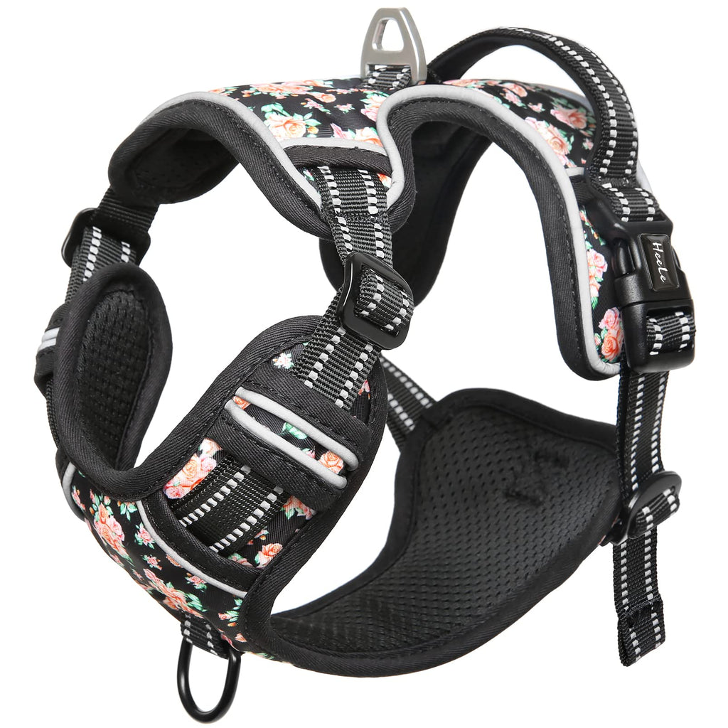 HEELE No-Pull Dog Harness Size M - Adjustable Padded Reflective Vest with Handle for Small to Large Dogs, Flower-Black