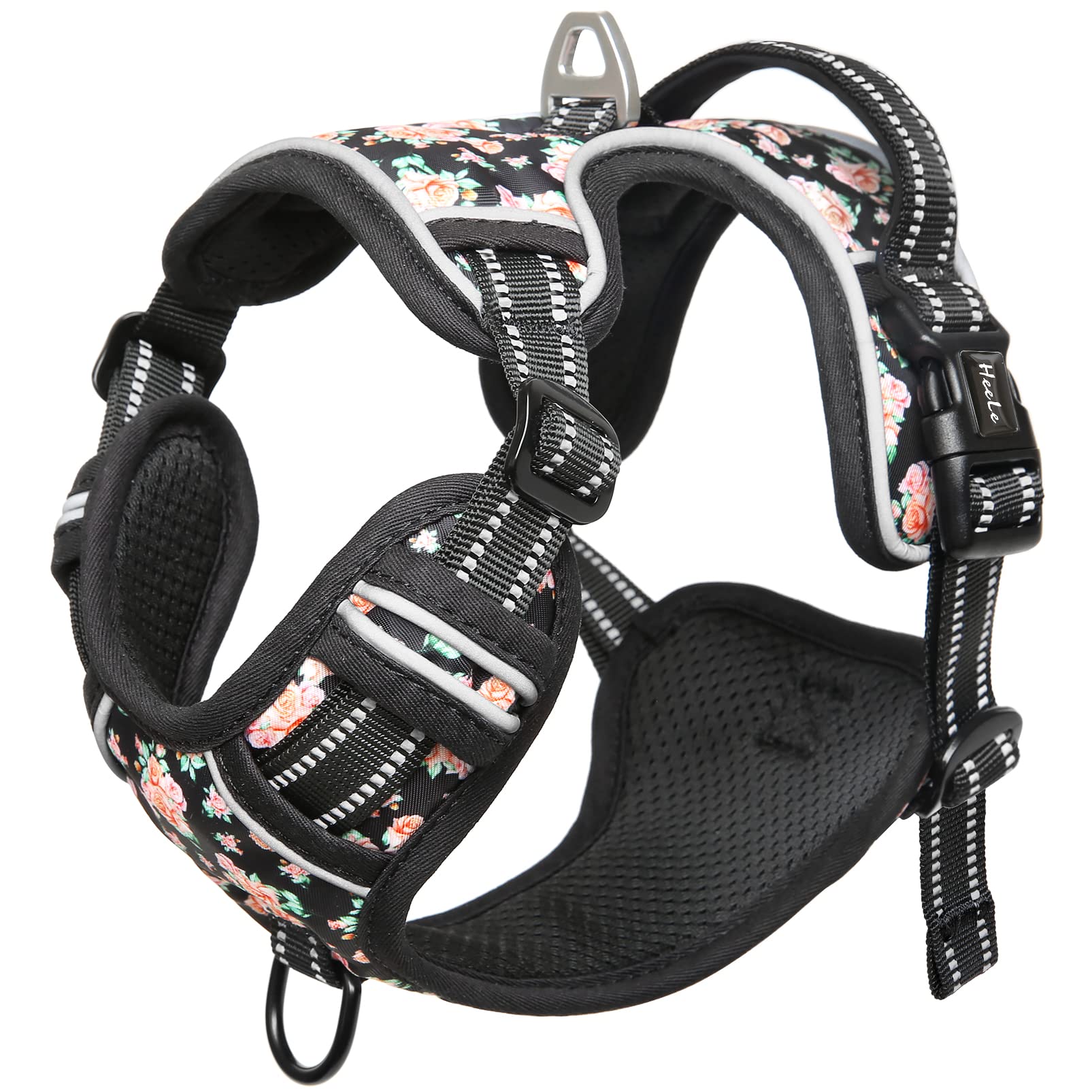HEELE No-Pull Dog Harness Size M - Adjustable Padded Reflective Vest with Handle for Small to Large Dogs, Flower-Black