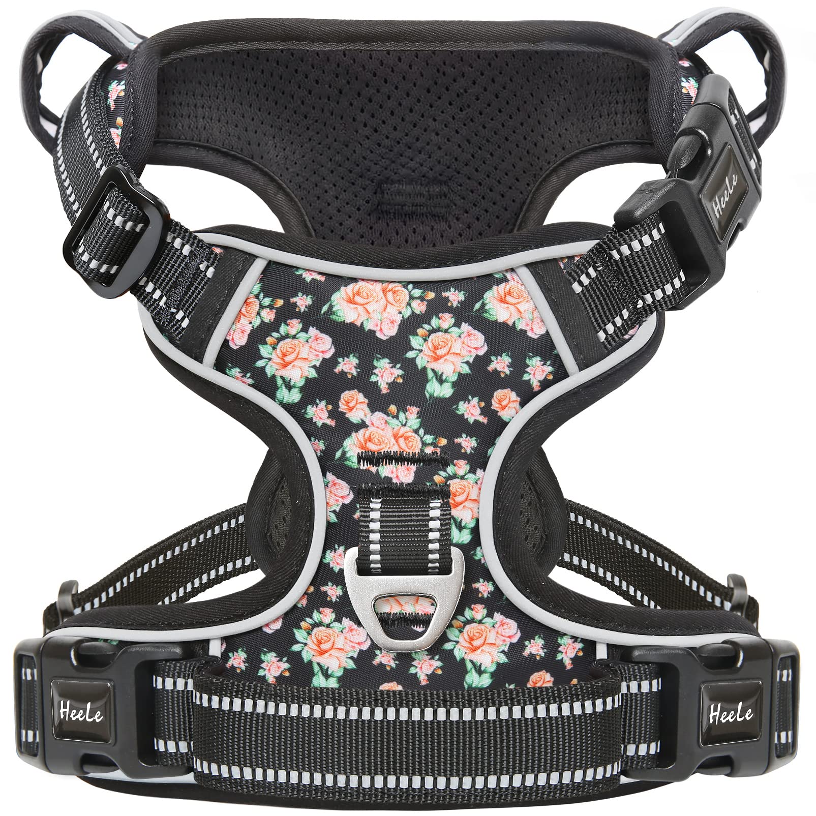 HEELE No-Pull Dog Harness Size M - Adjustable Padded Reflective Vest with Handle for Small to Large Dogs, Flower-Black