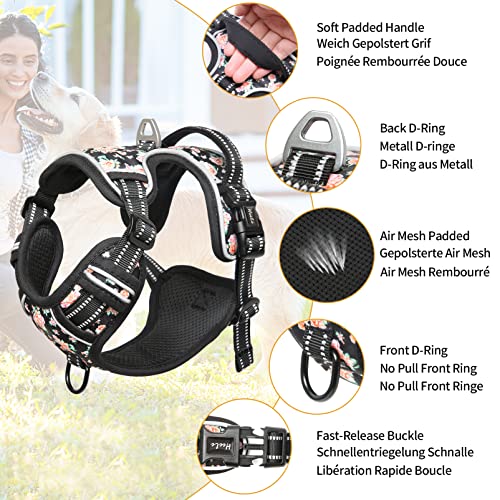 HEELE No-Pull Dog Harness Size M - Adjustable Padded Reflective Vest with Handle for Small to Large Dogs, Flower-Black