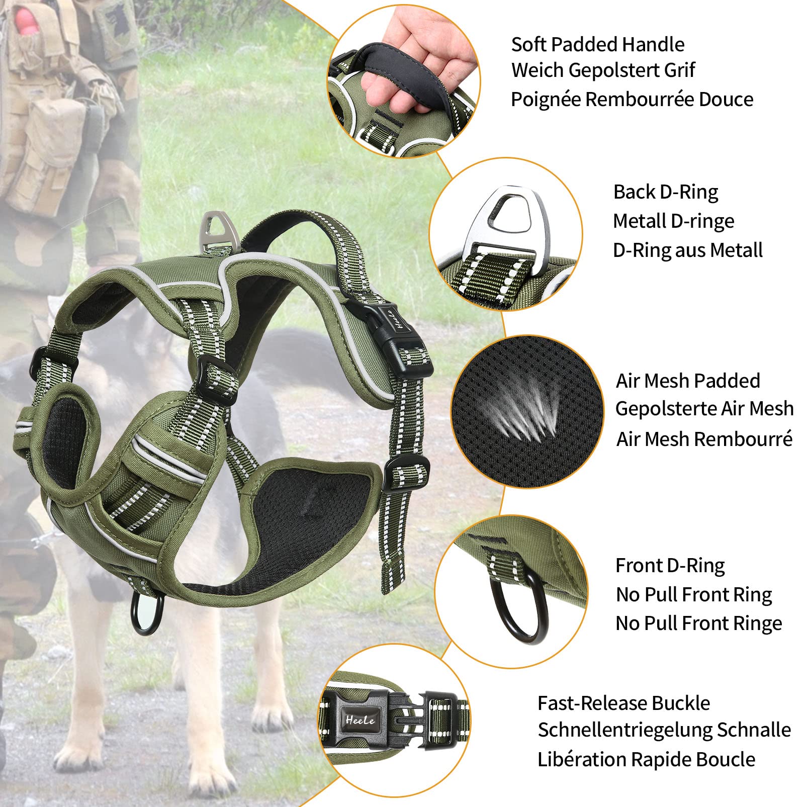 HEELE No Pull Dog Harness, Size M – Adjustable Padded Reflective Vest with Handle for Small to Medium Dogs, Green