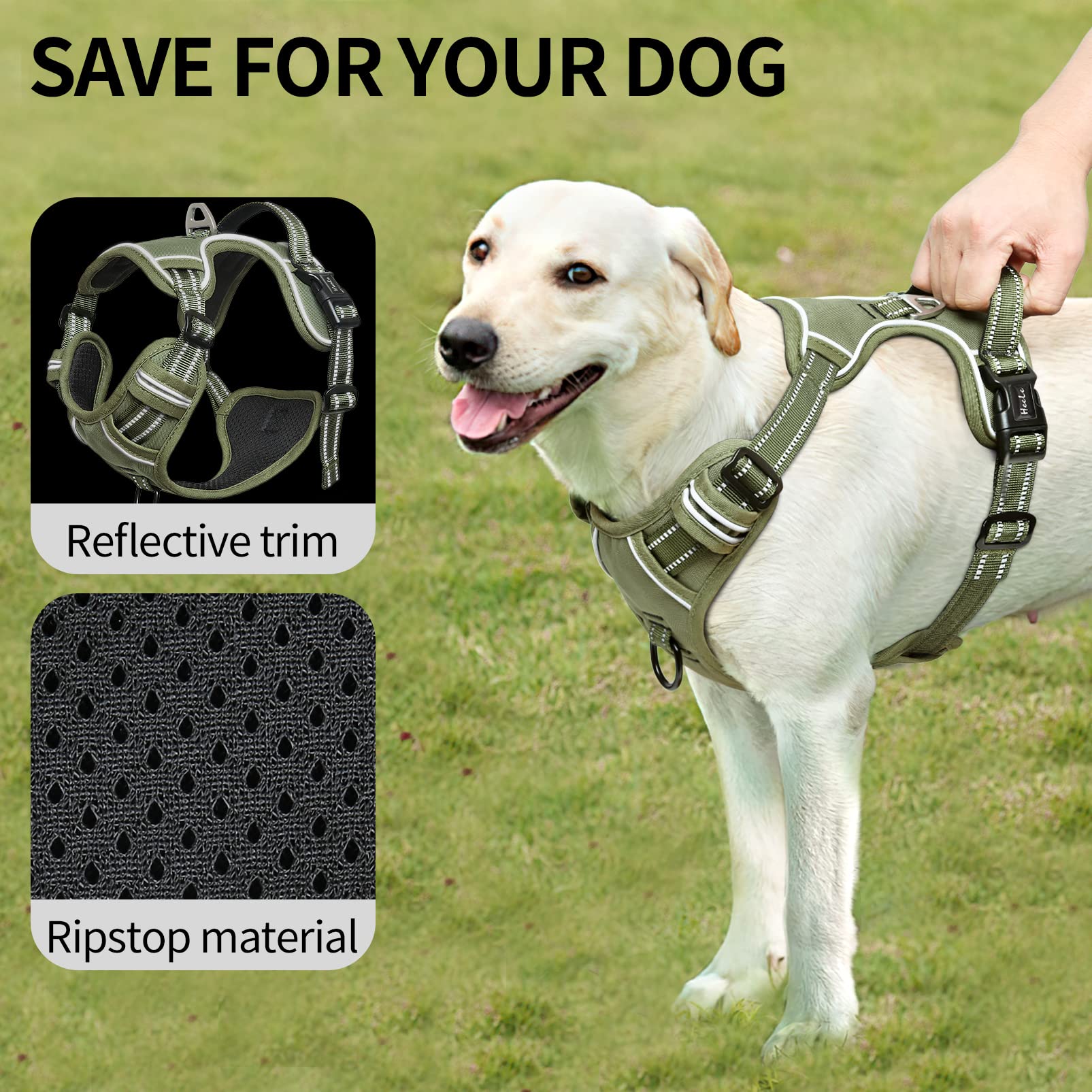 HEELE No Pull Dog Harness, Size M – Adjustable Padded Reflective Vest with Handle for Small to Medium Dogs, Green