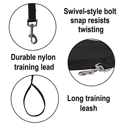 Hi Kiss 100ft Nylon Dog Training Lead - Long Recall Leash for Obedience, Outdoor Play - Black