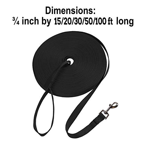 Hi Kiss 100ft Nylon Dog Training Lead - Long Recall Leash for Obedience, Outdoor Play - Black
